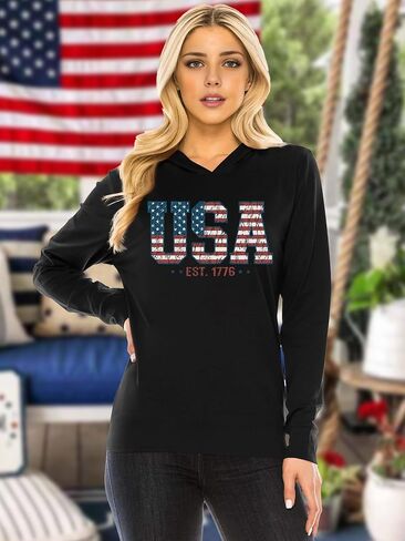 American Flag Hoodie for Women: 4th of July Shirts Patriotic Long Sleeve Memoria Day Hoodie Pullover Tops in Saudi Arabia