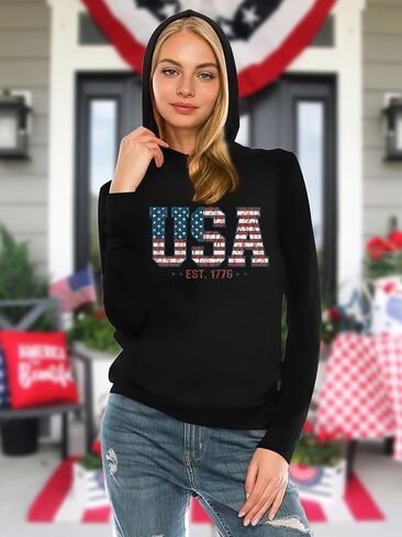 American Flag Hoodie for Women: 4th of July Shirts Patriotic Long Sleeve Memoria Day Hoodie Pullover Tops in Saudi Arabia