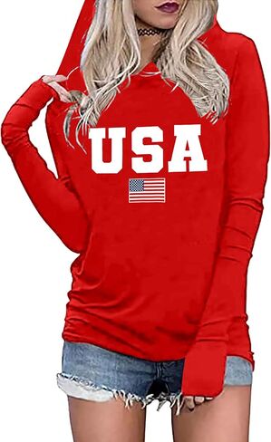 American Flag Hoodie for Women: 4th of July Shirts Patriotic Long Sleeve Memoria Day Hoodie Pullover Tops in Saudi Arabia