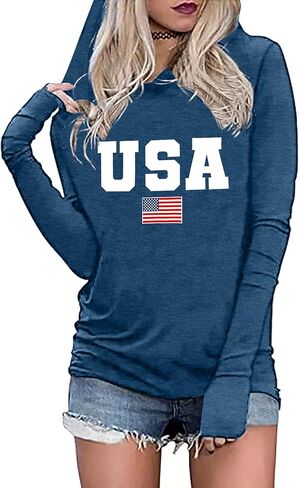 American Flag Hoodie for Women: 4th of July Shirts Patriotic Long Sleeve Memoria Day Hoodie Pullover Tops in Saudi Arabia