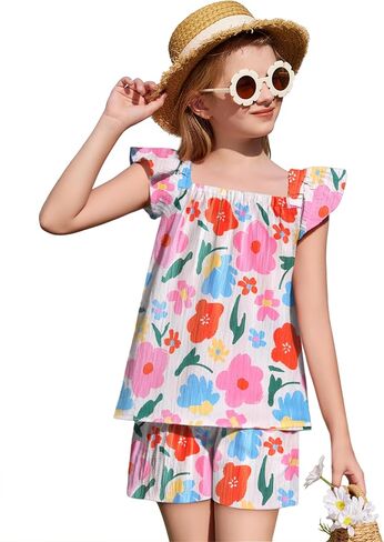 Arshiner Girls Summer Shorts Sets Cap Sleeve Top and Elastic Waist Pocketed Shorts Outfit 2 Piece Clothing Set in Saudi Arabia
