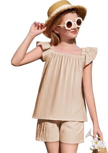 Arshiner Girls Summer Shorts Sets Cap Sleeve Top and Elastic Waist Pocketed Shorts Outfit 2 Piece Clothing Set in Saudi Arabia