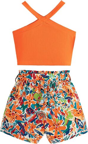 Girls 2 Piece Outfits Summer Clothes Tie Knot Tank Top and High Waist Floral Shorts Set with Belt in Kuwait