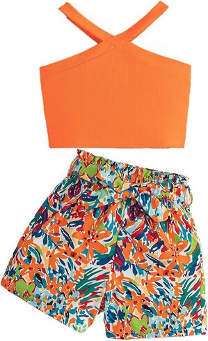 Girls 2 Piece Outfits Summer Clothes Tie Knot Tank Top and High Waist Floral Shorts Set with Belt in Kuwait