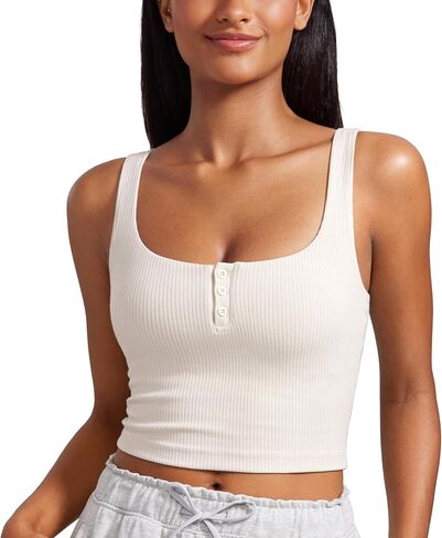 CRZ YOGA Womens Ribbed Henley Longline Sports Bras - Square Back Padded Yoga Workout Crop Tank Top with Built in Pads in Saudi Arabia