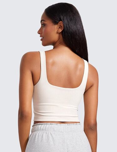 CRZ YOGA Womens Ribbed Henley Longline Sports Bras - Square Back Padded Yoga Workout Crop Tank Top with Built in Pads in Saudi Arabia
