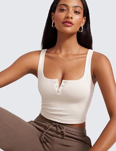 CRZ YOGA Womens Ribbed Henley Longline Sports Bras - Square Back Padded Yoga Workout Crop Tank Top with Built in Pads in Saudi Arabia