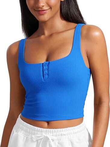 CRZ YOGA Womens Ribbed Henley Longline Sports Bras - Square Back Padded Yoga Workout Crop Tank Top with Built in Pads in Saudi Arabia