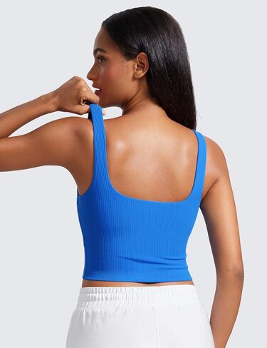 CRZ YOGA Womens Ribbed Henley Longline Sports Bras - Square Back Padded Yoga Workout Crop Tank Top with Built in Pads in Saudi Arabia