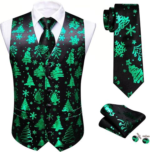 Barry.Wang Men Christmas Vest Red Green Xmas Tree Snow Elk Snowflake Holiday Suit Waistcoat Tie Set New Year Festival in Saudi Arabia