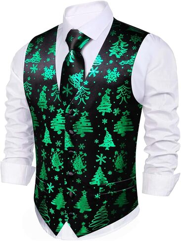 Barry.Wang Men Christmas Vest Red Green Xmas Tree Snow Elk Snowflake Holiday Suit Waistcoat Tie Set New Year Festival in Saudi Arabia