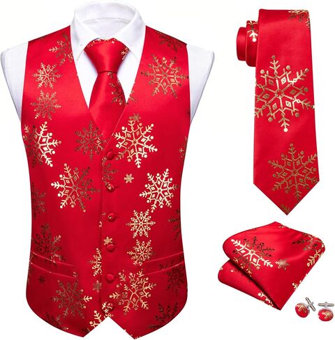 Barry.Wang Men Christmas Vest Red Green Xmas Tree Snow Elk Snowflake Holiday Suit Waistcoat Tie Set New Year Festival in Saudi Arabia