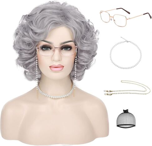 G & T Wig Lady Lady for Grandma Assume 100 Days من School Sliver Gray Granny Granny Granny for Old Women’s Cosplay Party Halloween (مجموعة 5pcs) in Kuwait