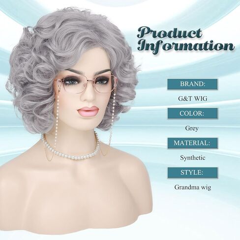 G & T Wig Lady Lady for Grandma Assume 100 Days من School Sliver Gray Granny Granny Granny for Old Women’s Cosplay Party Halloween (مجموعة 5pcs) in Kuwait