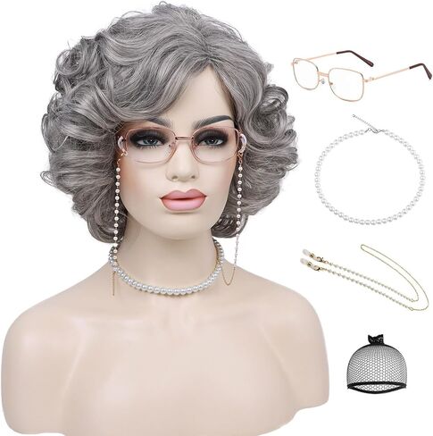 G&T Wig Old Lady Wig for Grandma Costume 100 Days of School Sliver Grey Curly Granny Wig For Old Women’s Cosplay Party Halloween Use (5pcs Set) in Kuwait