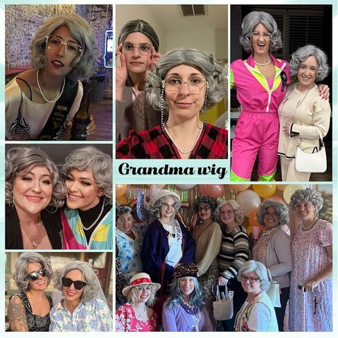 G&T Wig Old Lady Wig for Grandma Costume 100 Days of School Sliver Grey Curly Granny Wig For Old Women’s Cosplay Party Halloween Use (5pcs Set) in Kuwait