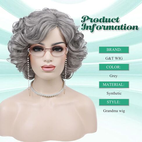 G&T Wig Old Lady Wig for Grandma Costume 100 Days of School Sliver Grey Curly Granny Wig For Old Women’s Cosplay Party Halloween Use (5pcs Set) in Kuwait