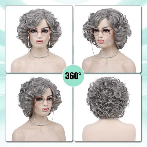 G&T Wig Old Lady Wig for Grandma Costume 100 Days of School Sliver Grey Curly Granny Wig For Old Women’s Cosplay Party Halloween Use (5pcs Set) in Kuwait