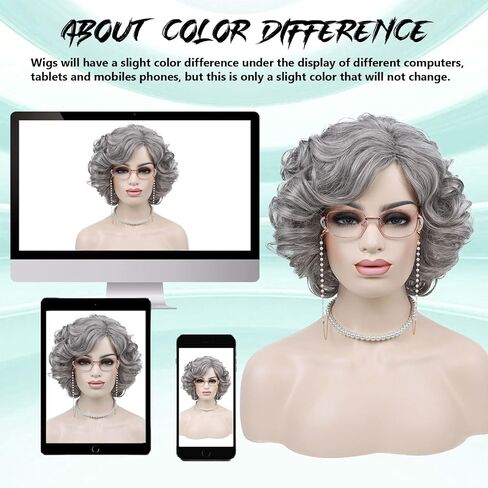 G&T Wig Old Lady Wig for Grandma Costume 100 Days of School Sliver Grey Curly Granny Wig For Old Women’s Cosplay Party Halloween Use (5pcs Set) in Kuwait