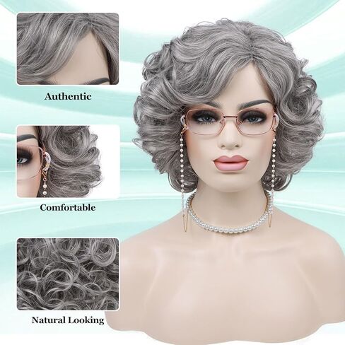 G&T Wig Old Lady Wig for Grandma Costume 100 Days of School Sliver Grey Curly Granny Wig For Old Women’s Cosplay Party Halloween Use (5pcs Set) in Kuwait