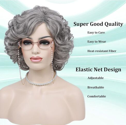 G&T Wig Old Lady Wig for Grandma Costume 100 Days of School Sliver Grey Curly Granny Wig For Old Women’s Cosplay Party Halloween Use (5pcs Set) in Kuwait