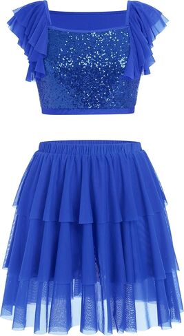 Lyrical Dance Dress for Women Square Neck Sparkly Sequins Crop Top Tiered Chiffon Midi Skirt Contemporary Dance Outfit in Saudi Arabia