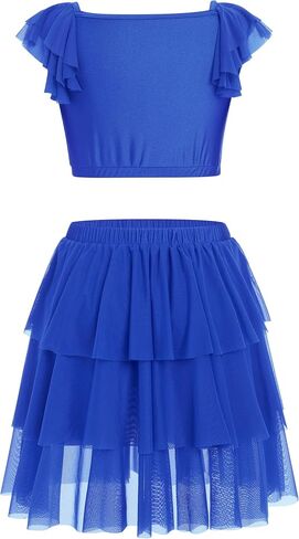Lyrical Dance Dress for Women Square Neck Sparkly Sequins Crop Top Tiered Chiffon Midi Skirt Contemporary Dance Outfit in Saudi Arabia