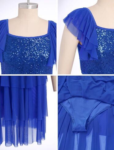 Lyrical Dance Dress for Women Square Neck Sparkly Sequins Crop Top Tiered Chiffon Midi Skirt Contemporary Dance Outfit in Saudi Arabia