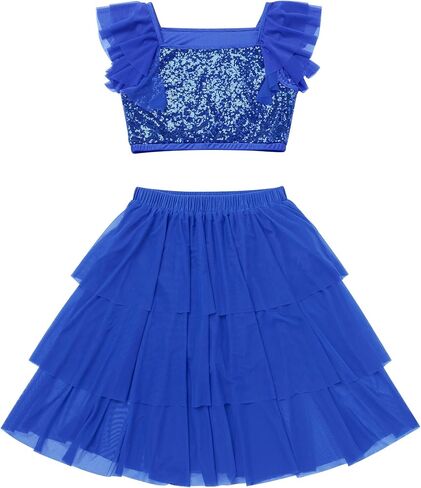 Lyrical Dance Dress for Women Square Neck Sparkly Sequins Crop Top Tiered Chiffon Midi Skirt Contemporary Dance Outfit in Saudi Arabia