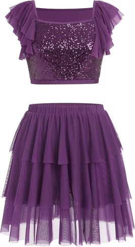 Lyrical Dance Dress for Women Square Neck Sparkly Sequins Crop Top Tiered Chiffon Midi Skirt Contemporary Dance Outfit in Saudi Arabia