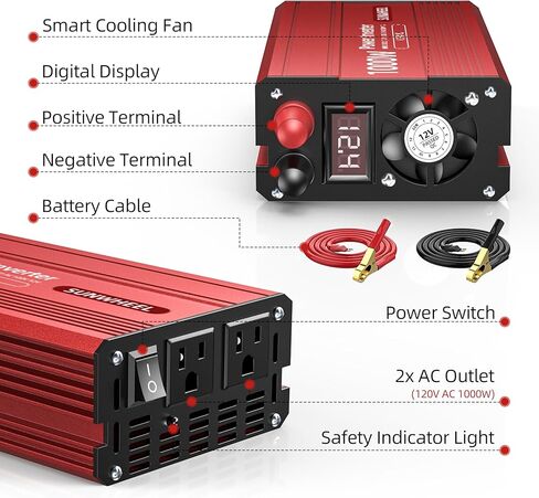 SUNWHEEL 1200W 24V Pure Sine Wave Inverter, 24V DC to 110V/120V AC Power Inverter for RV、Off Grid、Truck、Power Outage with 2 AC outlets and LCD Display in Kuwait