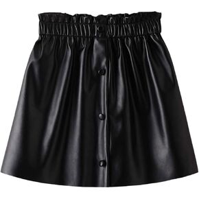 WDIRARA Girl's PU Leather Paperbag Mini Skirt High Waist Button Down A Line Skirts
