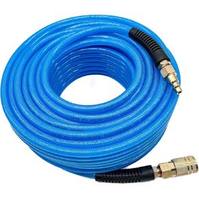 SYXQT Polyurethane(PU) 1/4-Inch x 100FT Reinforced, Air Hose with 1/4" Swivel Solid Aluminum Colored Universal Quick Coupler and Plug, Bend Restrictor,Dark Blue