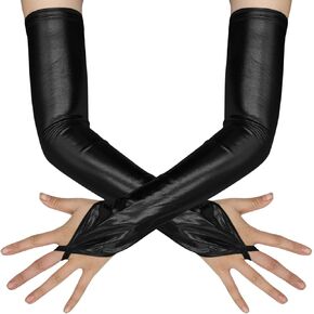 ATHX Women's Wet Look Shiny Gloves Costume 1980s Metallic Spandex Fingerless Opera Long Gloves Accessories