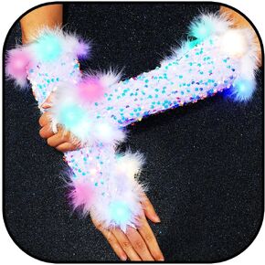 Light up Sequin Feather Gloves Fingerless Long White LED Gloves for Women