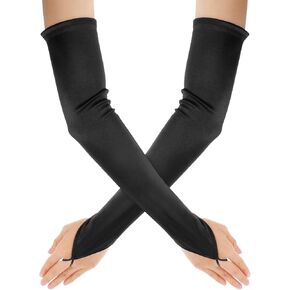 Teaaha Fingerless Long Satin Gloves, Fingerless Opera Gloves, Black Gloves Costume Black Fingerless Gloves, Stretchy Elbow Length Gloves for Wedding, Cosplay, Formal Events, Evening Parties