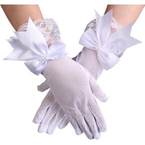 White Short Lace Gloves for Women, Tea Party Gloves Bow Floral Lace Gloves for Bridal Wedding Elegant Formal Tea Party Dinner