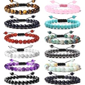 12 Pieces 8mm beaded Gemstone Bracelets Set for Men Women Unisex Tiger Eye Amethyst Energy Power Adjustable Elastic Bracelets Jewelry