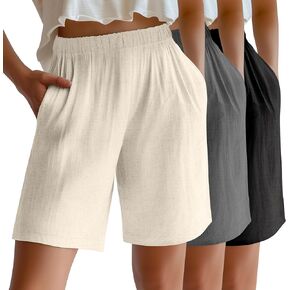 Riyiper 3 Pack Women's Linen Shorts Elastic High Waist Bermuda Wide Leg Summer Casual Lounge Short with Pockets