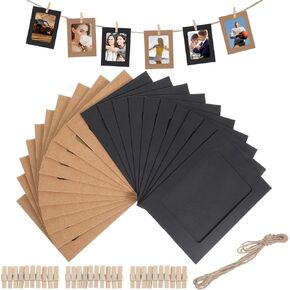 20pcs Paper Frames 4x6,Paper Photo Frames with 20 Brown Mini Wooden Clips and 2 Ropes, DIY Hanging Papers Photo Frame for Home, Office and Party Decoration,Black and Brown