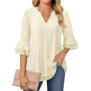 Blouse for Women Dressy Casual Spring Summer 3/4 Ruffle Sleeve Tops Double Layered Business Casual Tunic Work Shirts