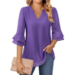 Blouse for Women Dressy Casual Spring Summer 3/4 Ruffle Sleeve Tops Double Layered Business Casual Tunic Work Shirts in Kuwait