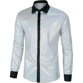 Mens 70s Disco Shirt Long Sleeve Button Party Nightclub Prom Sequins Top
