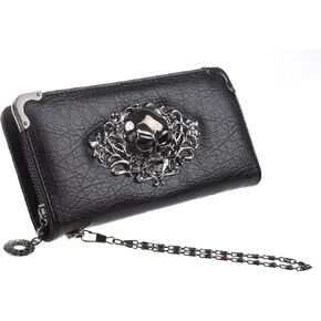 HOYOFO Skull Wallets for Women Zip Around Clutch with Credit Card Holder Phone Case Leather Long Goth Wallet Purse with Wristlet, Black