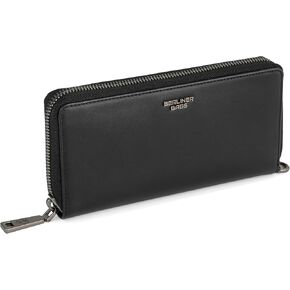 محفظة BERLINER BAGS النسائية من الجلد الأسود بتقنية تحديد الهوية بموجات الراديو (RFID) محفظة كبيرة للسيدات بسحاب تناسب أكثر من 15 بطاقة ونقود وعملات معدنية