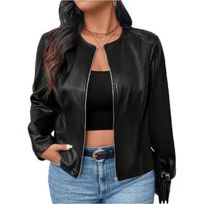 SOLY HUX Women's Plus Size PU Leather Jacket Zip Up Crew Neck Long Sleeve Bomber Jacket Outerwear