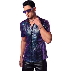 Wdirara Men's 70s Sparkly Disco Top نمط التماسي
