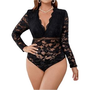 OYOANGLE Women's Plus Size Lace Sheer Deep V Neck Long Sleeve Bodysuit Leotard Tops