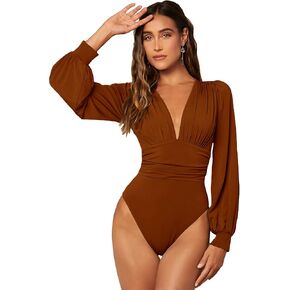 WDIRARA Women's Deep V Neck Ribbed Bodysuit Long Sleeve Skinny Bodycon Basic Bodysuit Tops