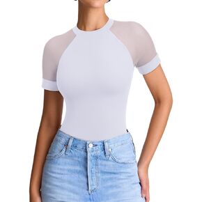 REORIA Women's Crew Neck Sheer Mesh Short Sleeve Bodysuits Comfy Double Lined Trendy Tank Top Body Suits